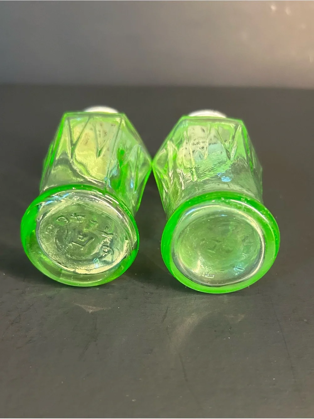 Hazel Atlas Green Uranium Glass Salt & Pepper Shakers